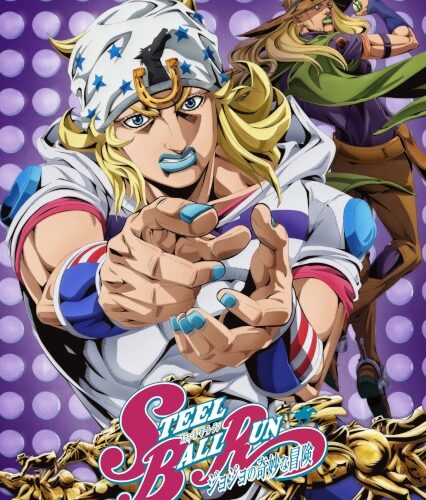 Johnny Joestar y Gyro Zeppeli cabalgando en el anime Steel Ball Run de JoJo's Bizarre Adventure Parte 7