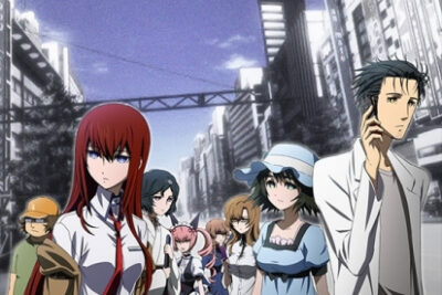 Rintarou Okabe frente a la pantalla del microondas del teléfono en el Laboratorio de Gadgets del Futuro en Steins;Gate