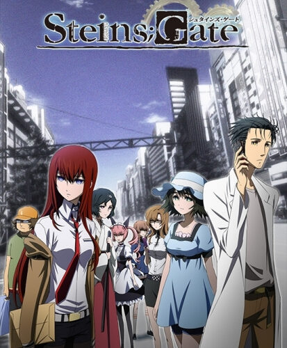 Rintarou Okabe frente a la pantalla del microondas del teléfono en el Laboratorio de Gadgets del Futuro en Steins;Gate